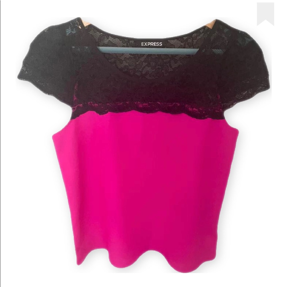 Express Pink with Black Lace Yoke Top XS